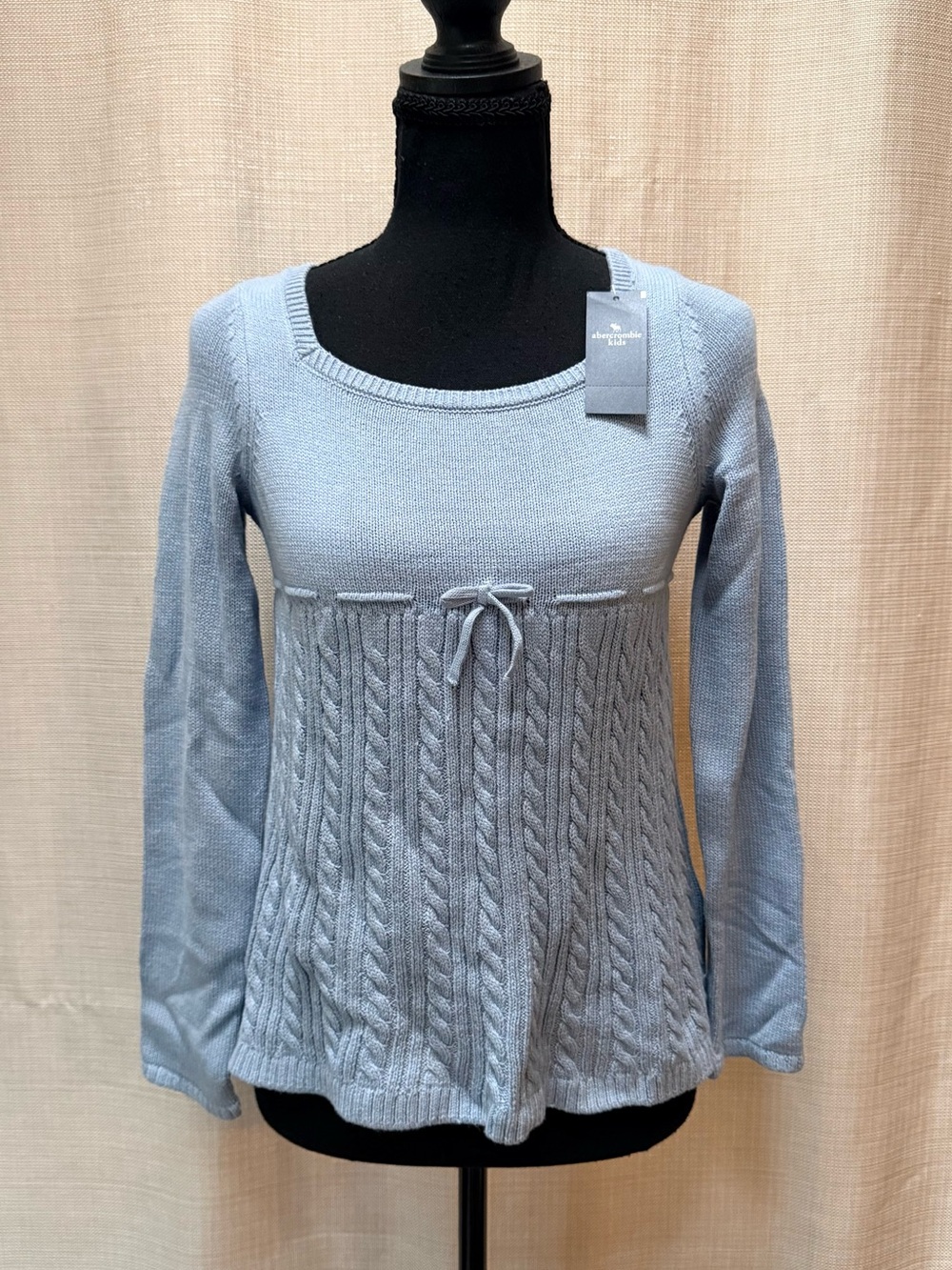 Abercrombie Kids Girls 11/12 Blue Cable Knit Babydoll Sweater Bow Peplum NWT